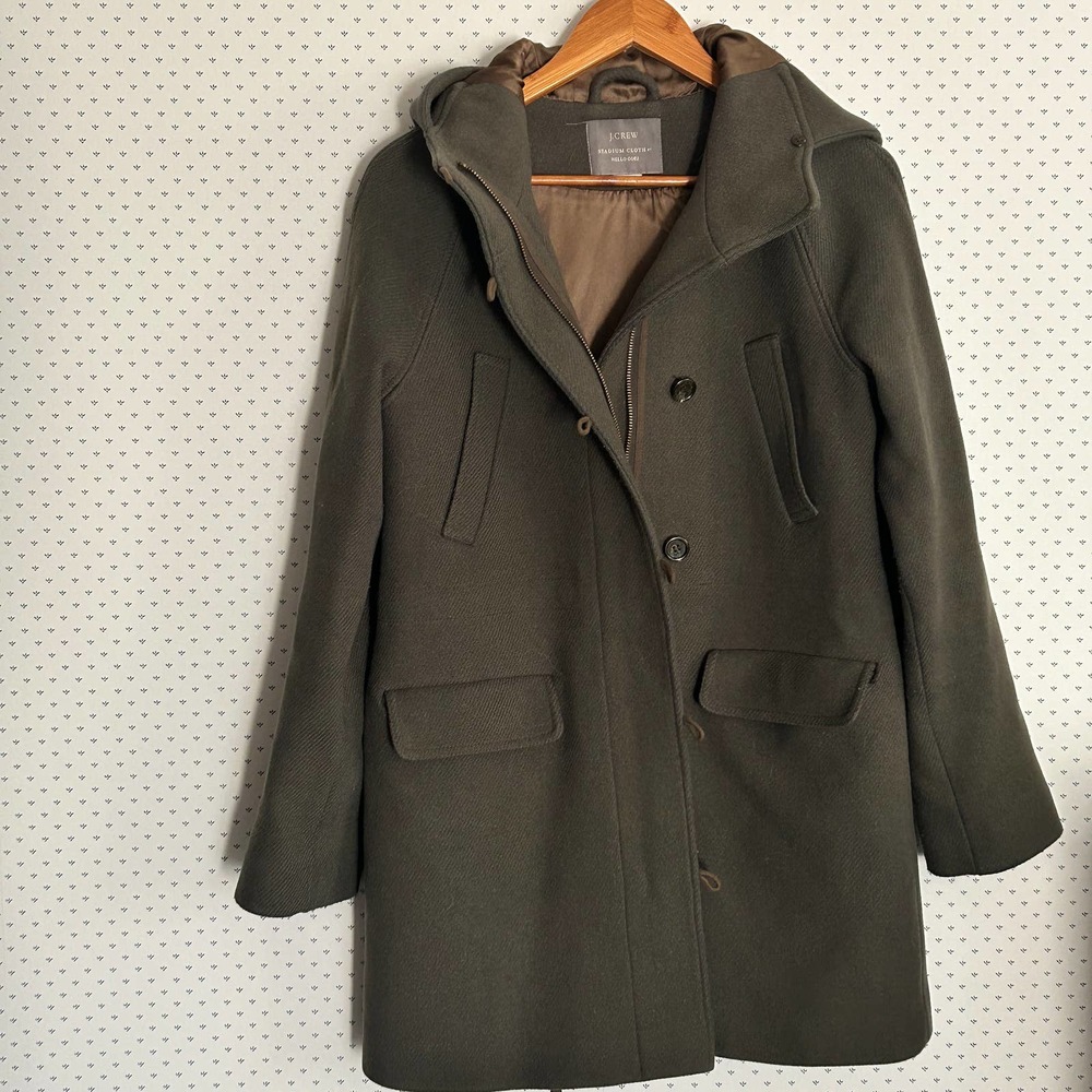 J. Crew Hooded Stadium Cloth Nello Gori Wool Coat 10 Olive Green J.Crew Peacoat - Picture 1 of 5